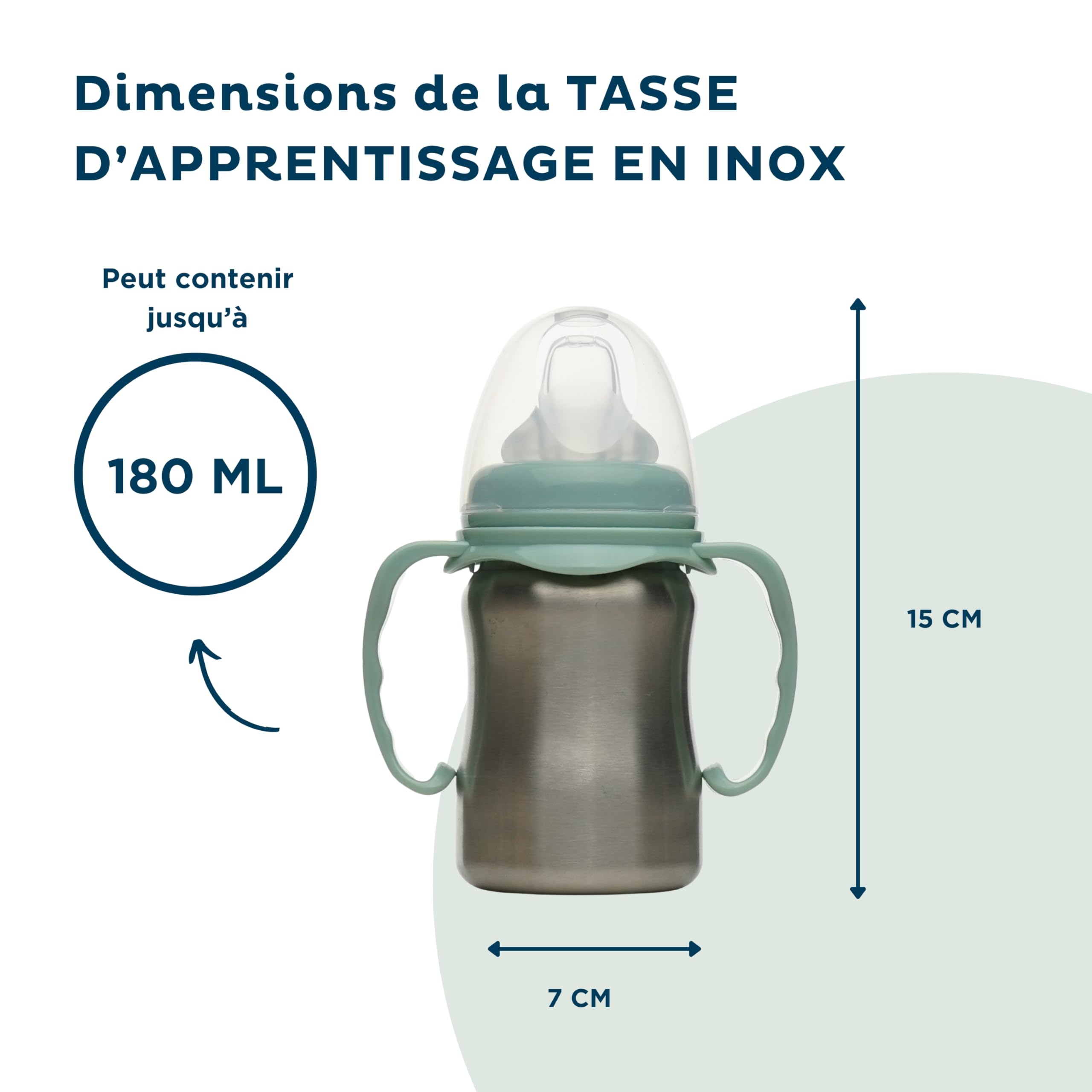 THERMOBABY - Tasse En Inox Bébé Avec Anses Et Tétine Silicone - Anti-Fuites - 180 ml - Facile À Nettoyer - Durable -Idéale Pour L’Autonomie De Bébé - Vert Cactus