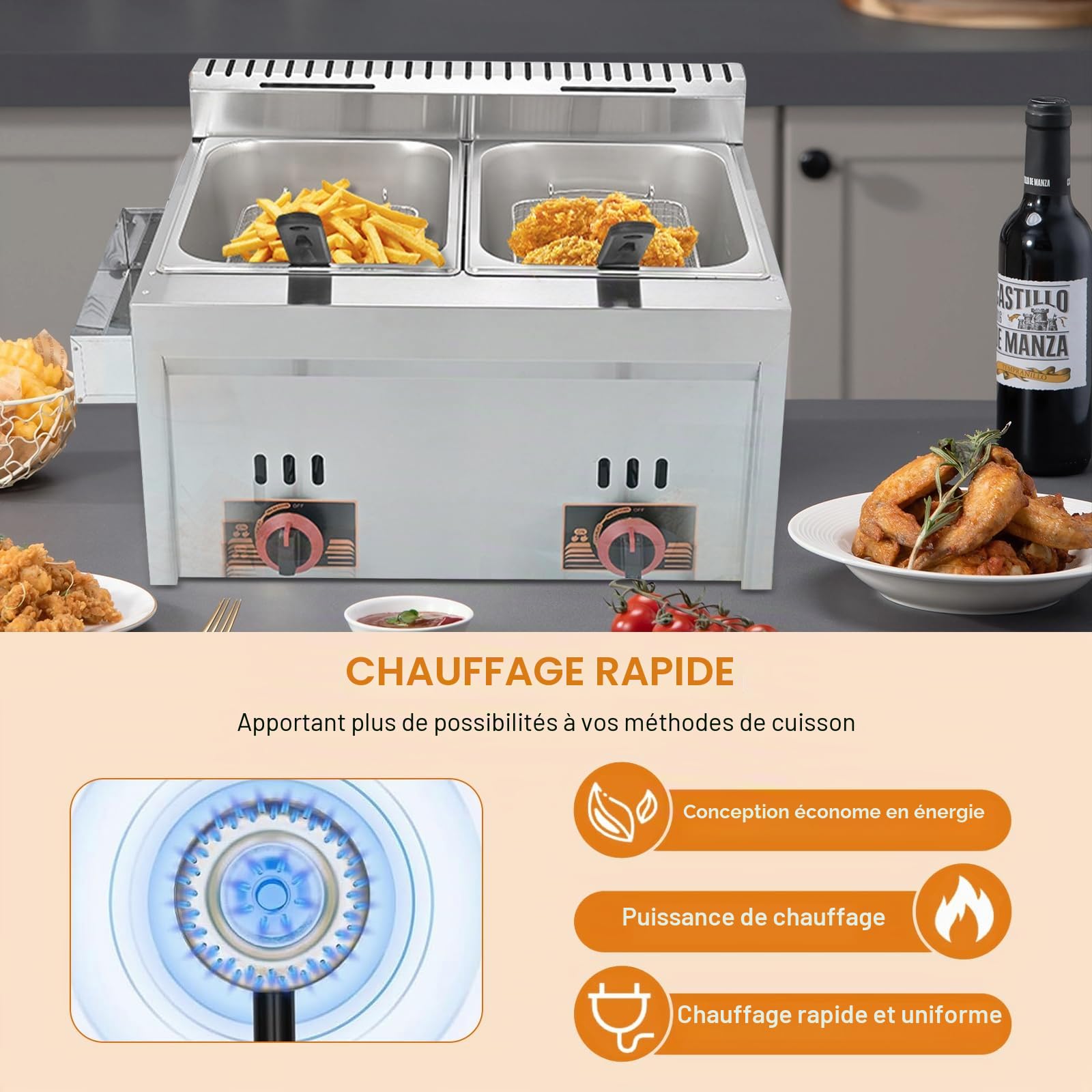 Friteuse à gaz professionnelle de 20 l double friteuse à gaz grande capacité multifonction en acier inoxydable facile à nettoyer pour usage domestique et commercial
