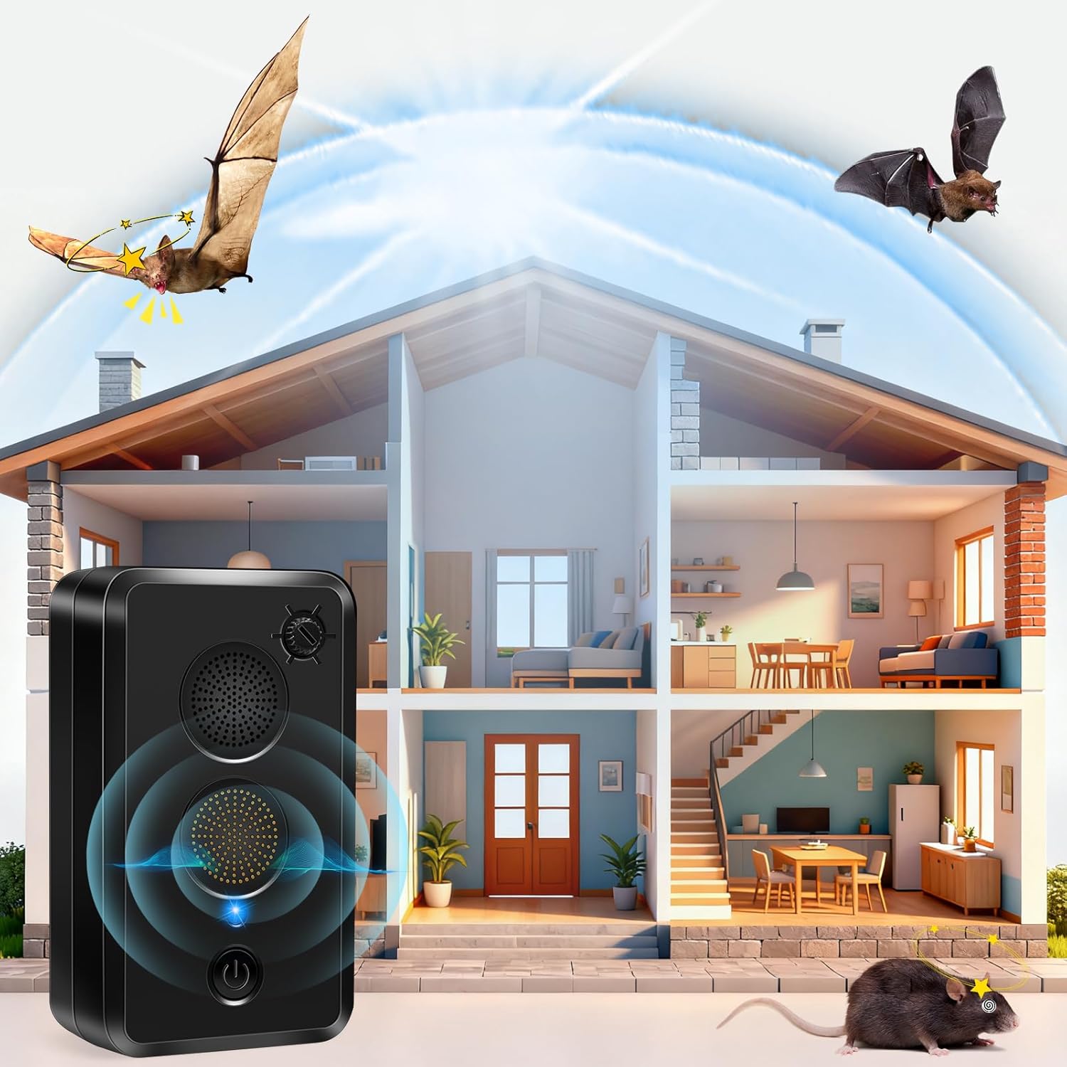 2 Pack Ultrasonic Bat Repellent for Attic Garage Adjustable Frequency Indoor and Bat Fortress Mini Repeller USB Rechargeable,Suitable for Bats Repellent for Attic for Home, Garage, Warehouse
