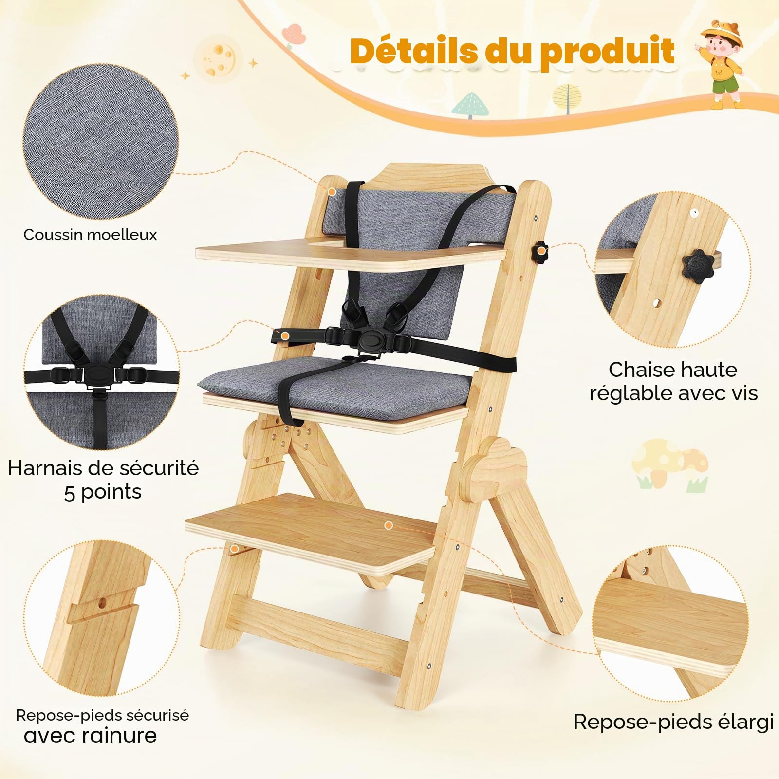 Chaise Haute Bébé Evolutive, 2 in 1 Chaise Haute Bois en Hêtre Massif, Chaises Hautes Évolutive Avec Harnais 5 Points Réglable, Enfant Ergonomique, Plateau Amovible, Pour Bébé À Partir De 6+ Mois