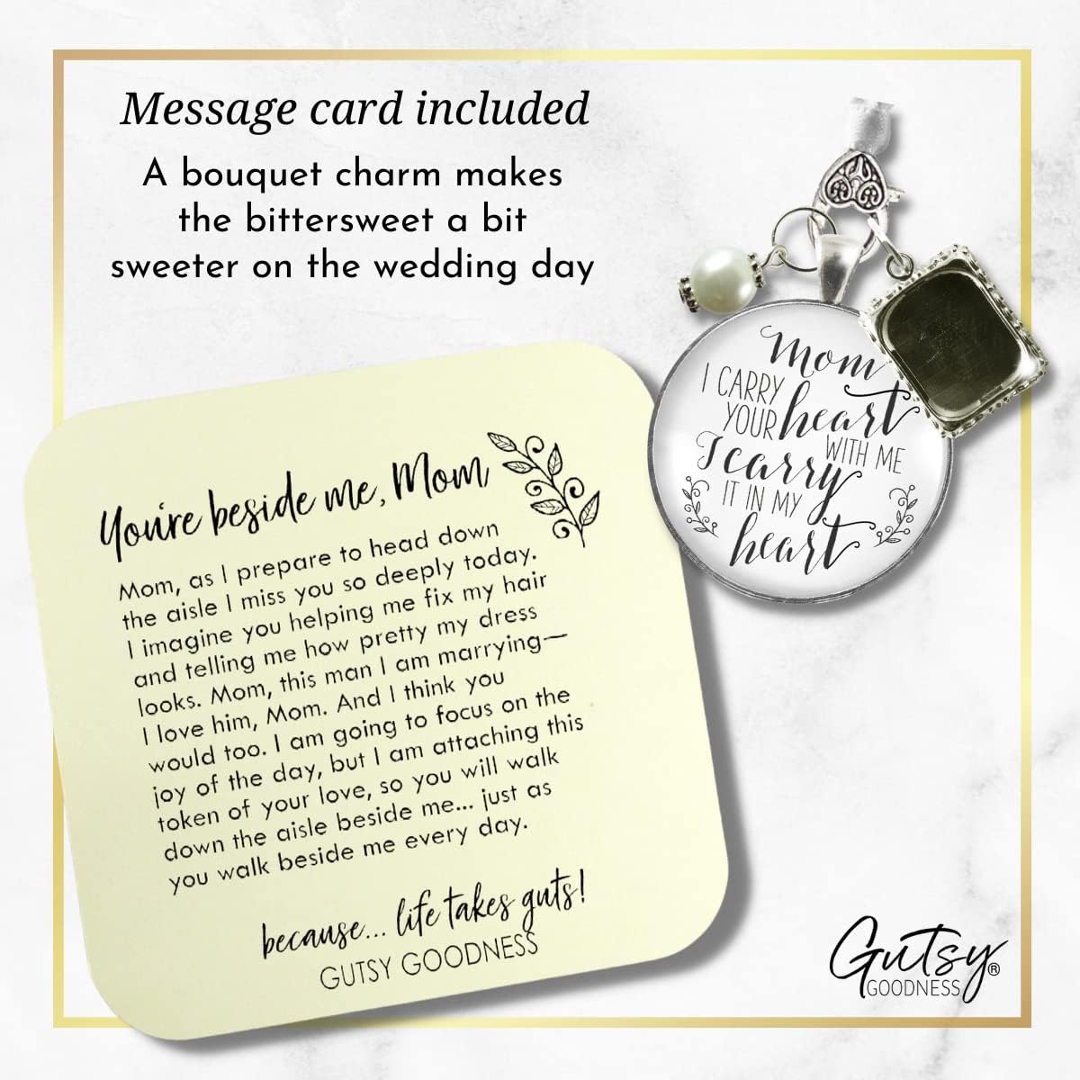 Gutsy Goodness Wedding Bouquet Charm Mom Memory Bride's Flowers Jewelry Vintage Silvertone Ribbon Glass Pendant Photo Frame DIY Picture Template