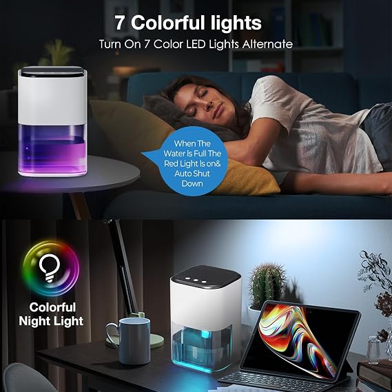 Dehumidifier for Home, 2000ML Dehumidifiers for Bedroom Electric with 7 Colorful LED, Dehumidifier Ultra Quiet for Drying Clothes, Bathroom, Office, RV