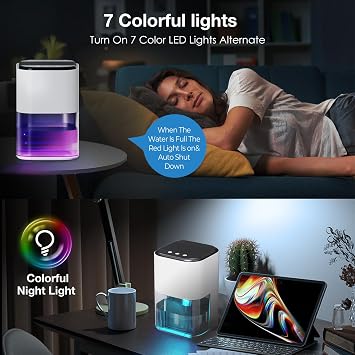 Dehumidifier for Home, 2000ML Dehumidifiers for Bedroom Electric with 7 Colorful LED, Dehumidifier Ultra Quiet for Drying Clothes, Bathroom, Office, RV