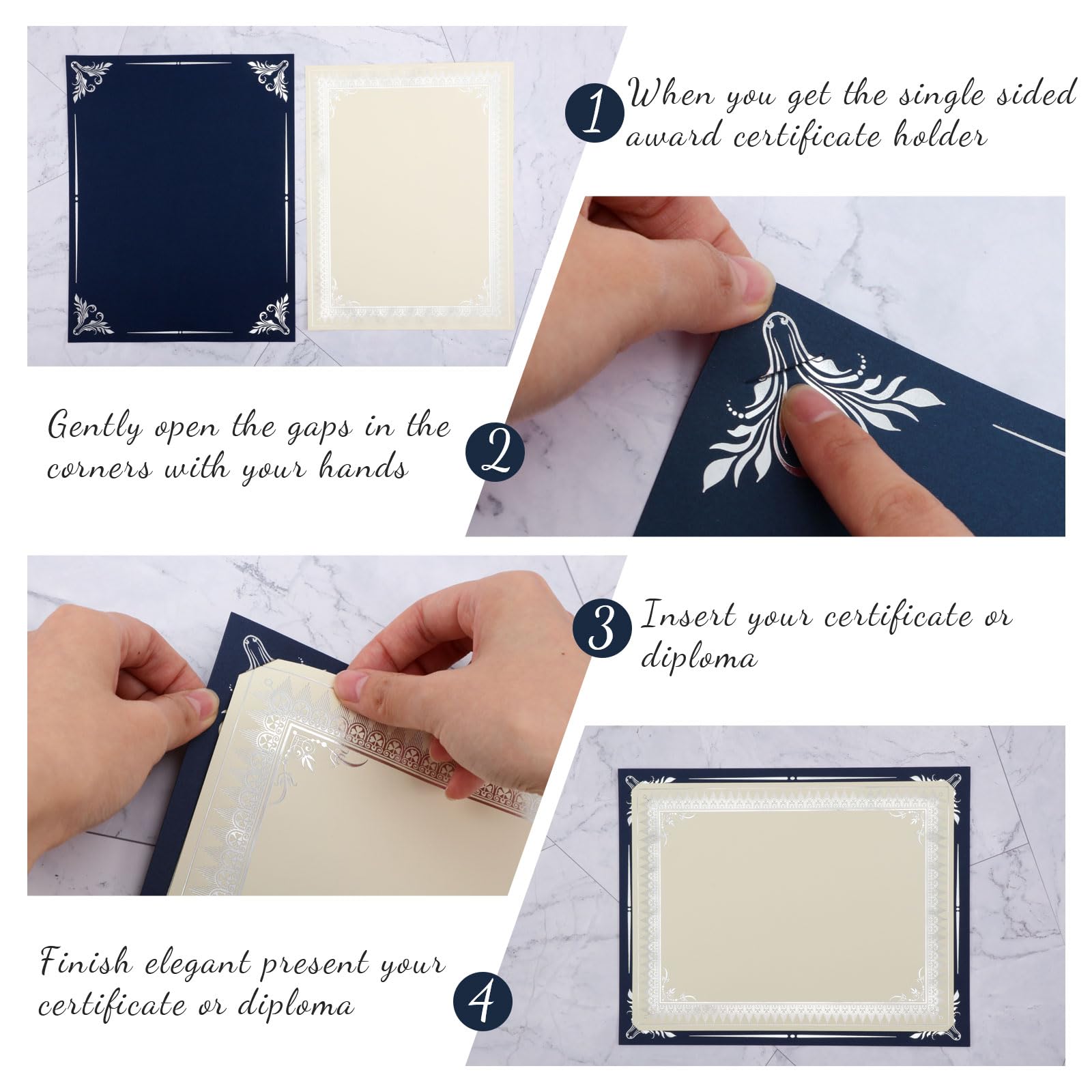Fainne Lot de 100 feuilles de papier pour certificat, porte-récompenses d'un seul côté avec bordure en aluminium pour couvertures de certificats de 21,6 x 27,9 cm (bleu marine avec feuille argentée)