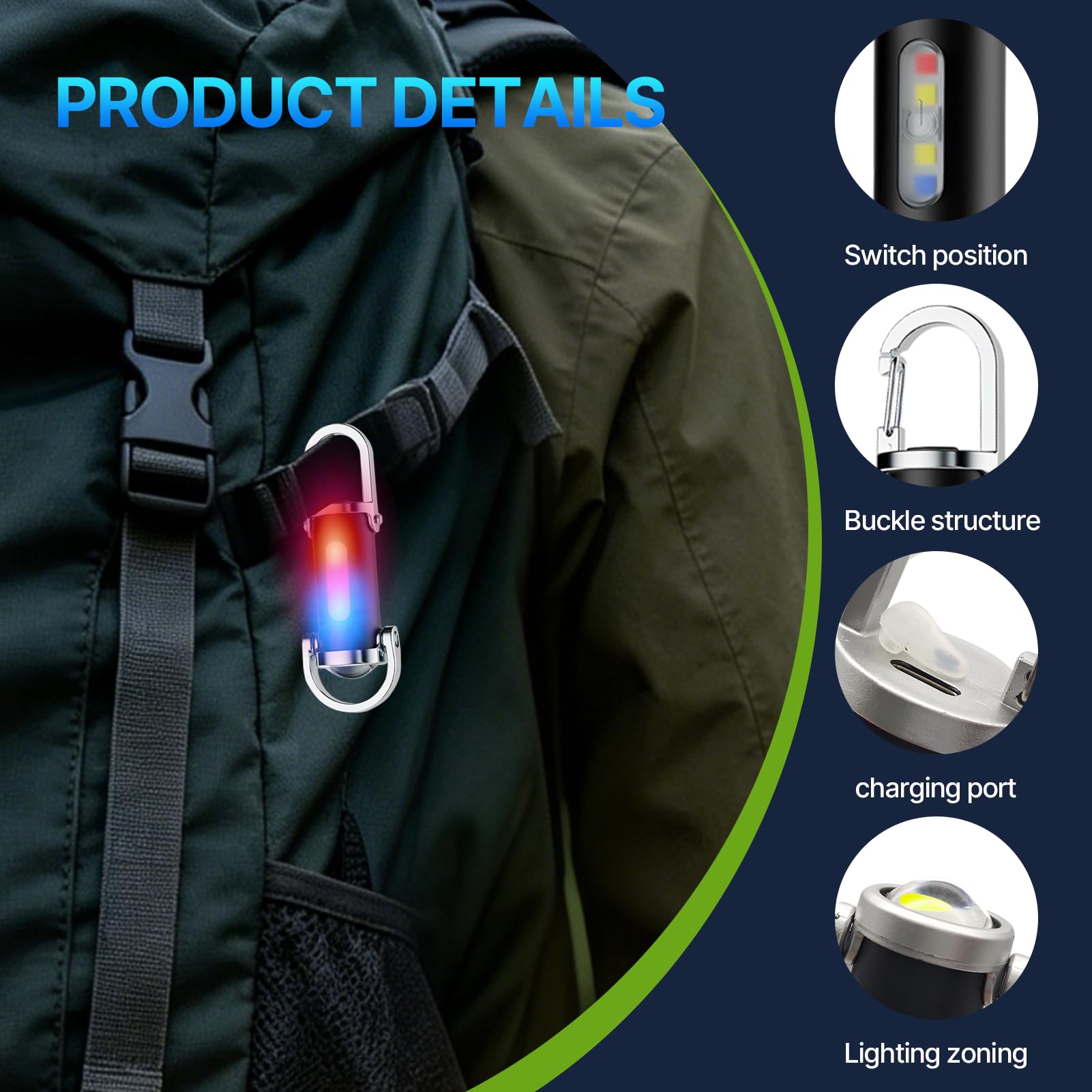 Torcia tascabile ricaricabile luminosa con portachiavi, 1200LM, mini portachiavi super luminoso con power bank per esterni, mini torcia LED super luminosa, torcia impermeabile - 5