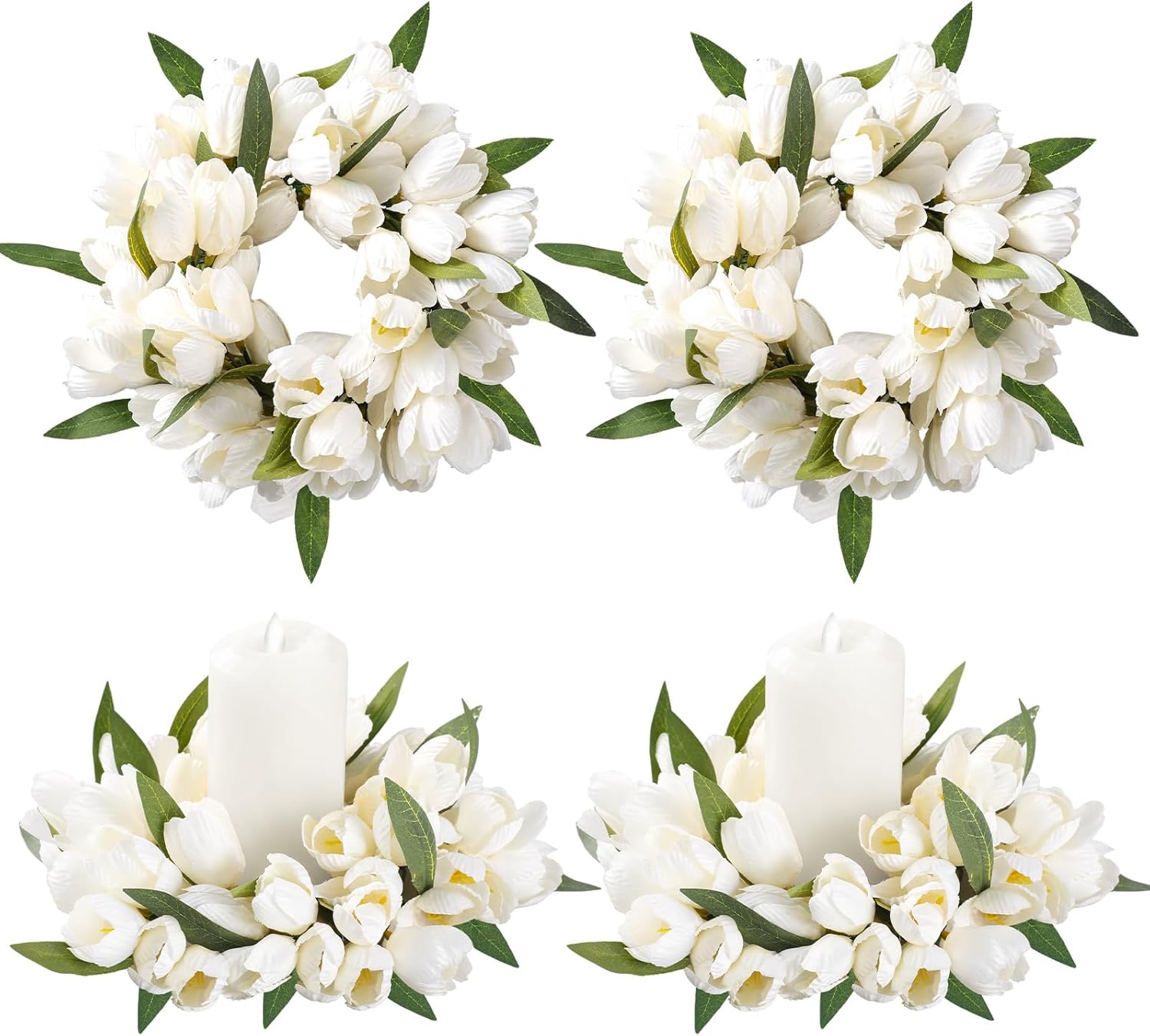 Daifunli 2 Pcs Spring White Tulip Candle Ring Vibrant Floral Candle Wreath Ring for Pillar 3.9 Inch Candles Holder for Wedding Holiday Dining Table Centerpiece Decor