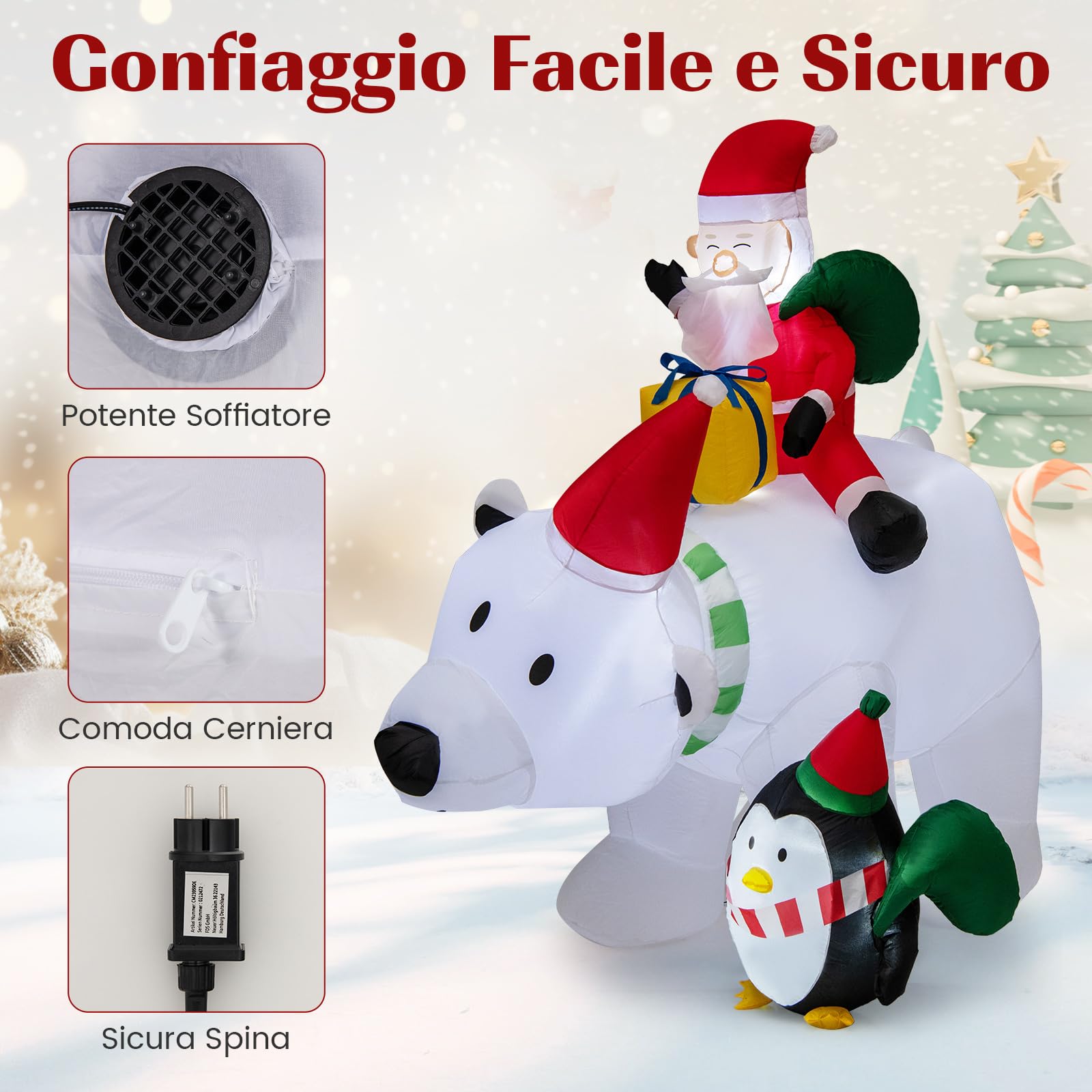 COSTWAY Decorazione Gonfiabile di Natale 210 CM, Babbo Natale Gonfiabile che Cavalca Orso Con Illuminata a LED, Funzione di Scuotimento della Testa, per Prato, Giardino e Cortile