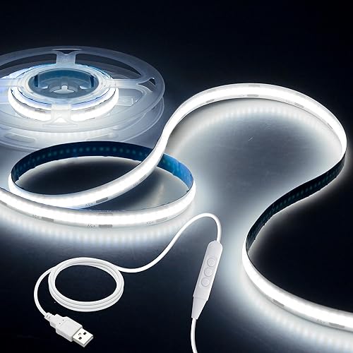 Miniatura 1 de Aclorol Tira de luz LED COB de 1 M, 5 V, color blanco, 6000 K, regulable, alimentada por USB, retroiluminación LED de 3.28 pies, 320 LED, luz de