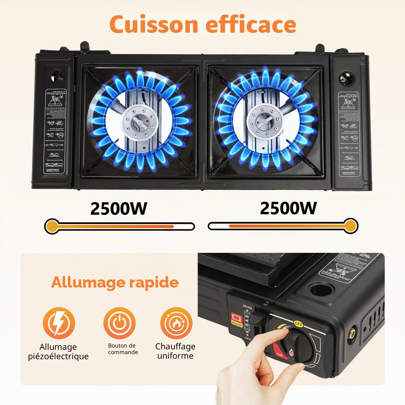 Cuisinière à gaz de camping 2 brûleurs, butane avec stockage, poêle de camping portable, allumage piézoélectrique automatique, brûleur de camping LPG pour camping-cars, appartements,