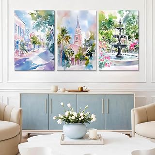 Charleston Canvas Wall Art, Cityscape Watercolor Prints, Charleston Canvas Print, Set of 3 Cityscape Posters, Church and Pineapple Fountain Painting Prints, Modern Home Decor (16" x 24" x 3 pcs)