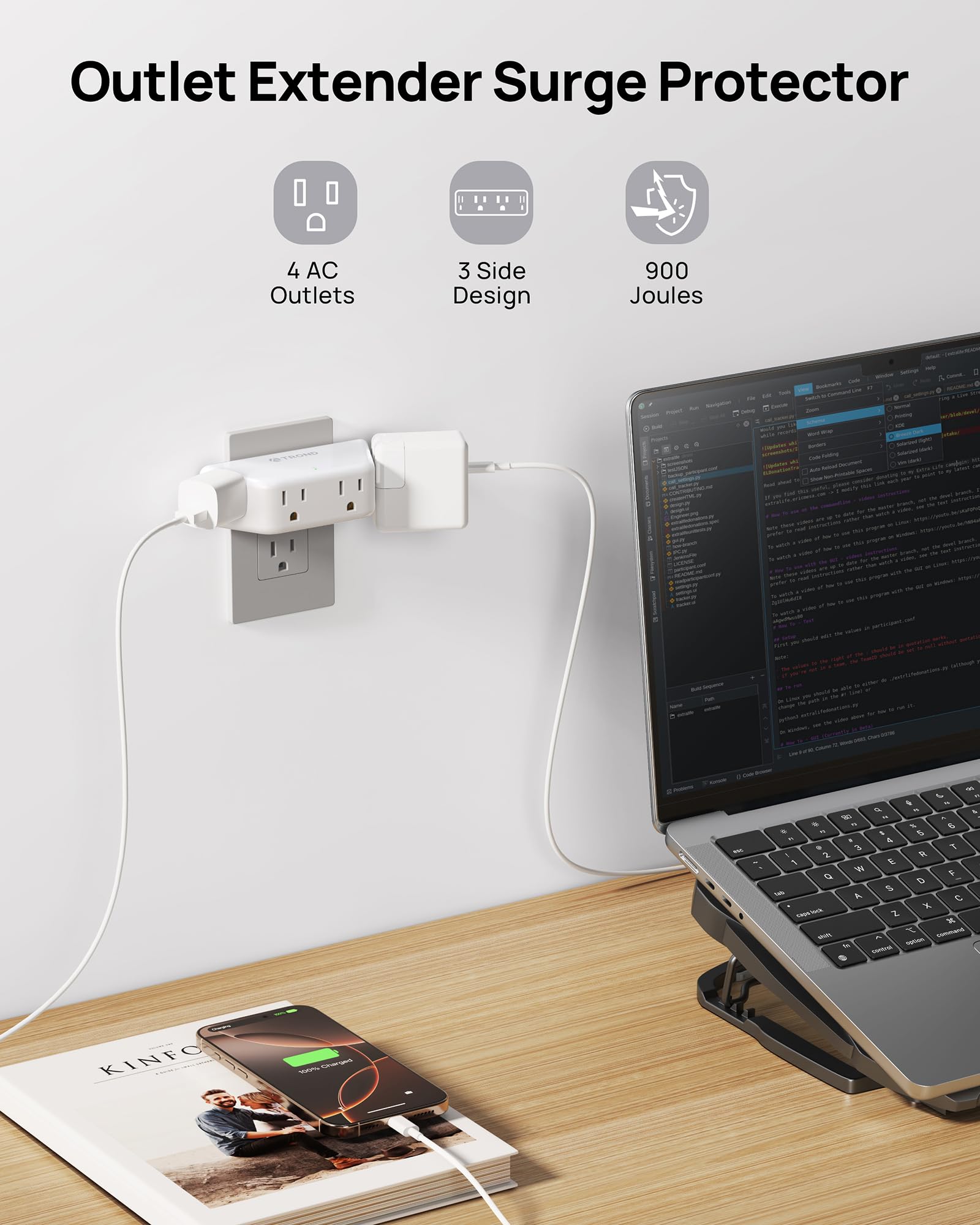 TROND Outlet Extender Surge Protector - Multi Plug Wall Outlet with 4 Grounded Sockets 3 Way Angled Plug — view 2