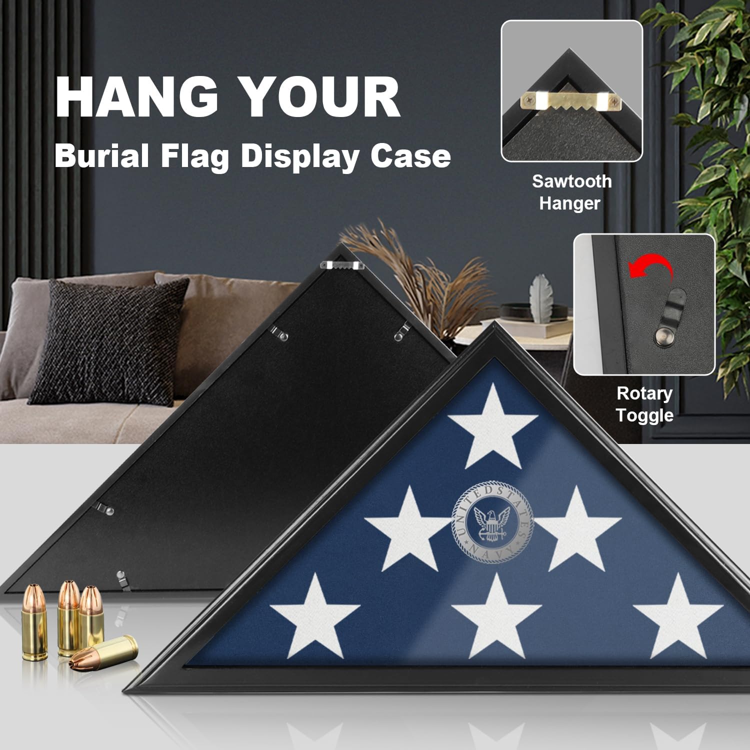 Flag Case with Lights for Burial Flag, 5' x 9.5' Funeral Flag Display Case, Wooden Memorial Flag Shadow Box for Military Veterans, Flag Holder for Wall or Standing Display (Black)