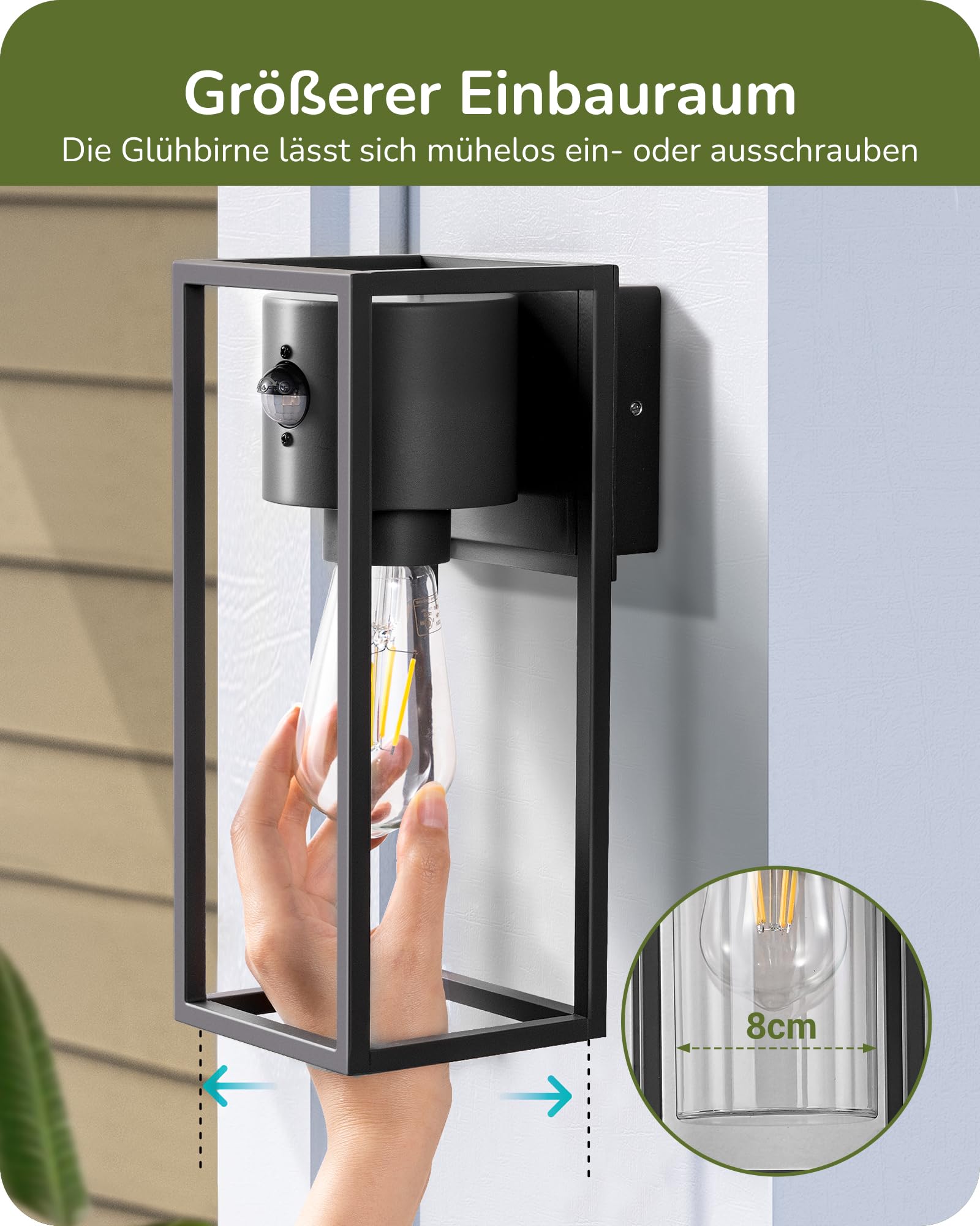 EDISHINE Zewnętrzna lampa ścienna z czujnikiem ruchu, gniazdo E27, wodoodporna IP44, lampa ścienna z aluminium i szkła hartowanego do ogrodu, balkonu, tarasu, frontu, żarówki nie są dołączone, czarna