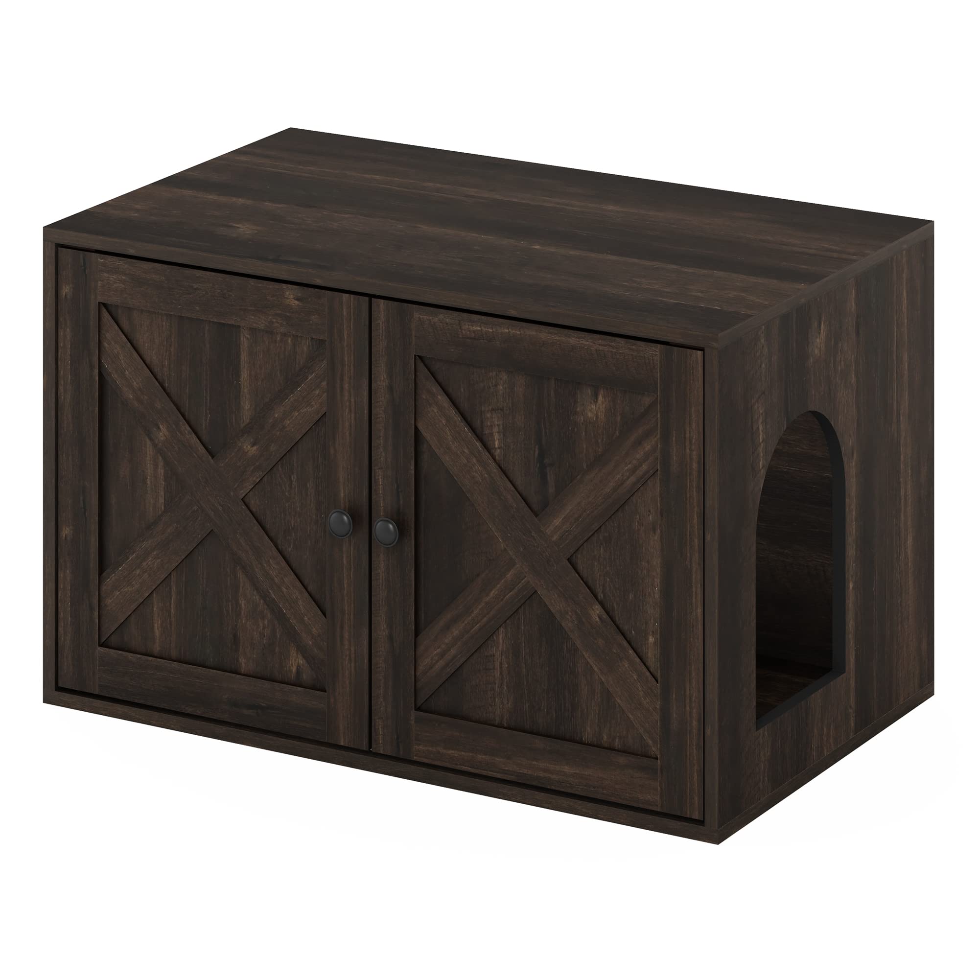Furinno PELI Verstecktes Katzenstreu mit Seiteneingang, Holzhaus mit Lamellentür, Einfache Montage für Wohnzimmer, Ebenholz