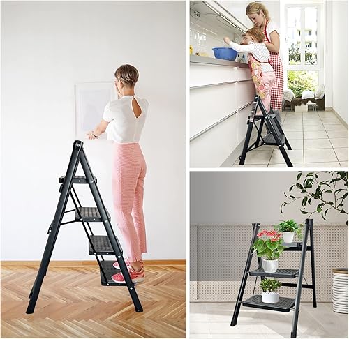 Miniatura 3 de Krightlink Taburete plegable de escalera de 2 escalones con pedal antideslizante ancho, taburete plegable portátil y plegable, escalera de acero