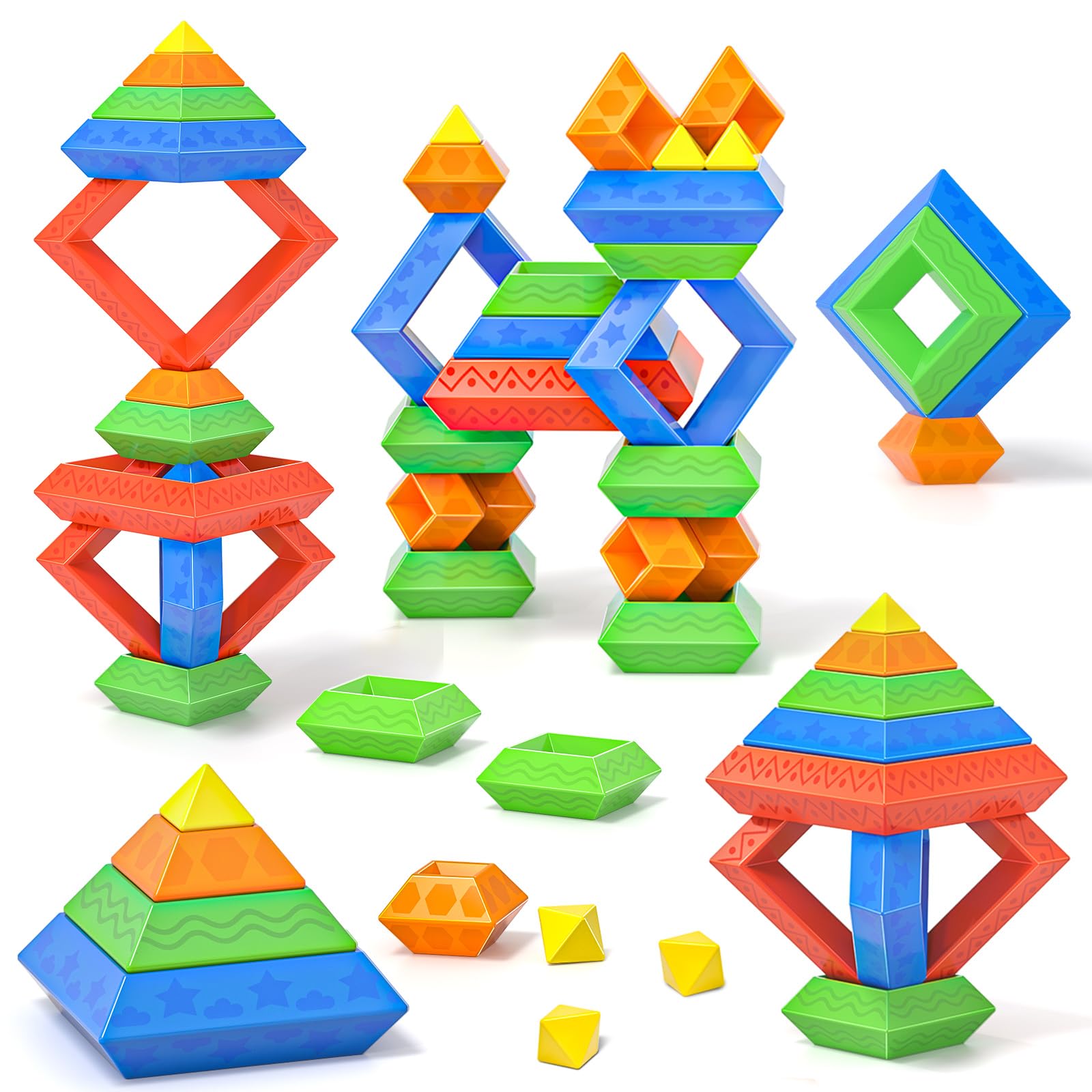 Blocks Building Toys for Toddlers 1-3 3-5, Pyramid Stacking Blocks Preschool Educational Toys for Ages 2 3 4 5 6 Boys & Girls Learning Stem Sensory Toys Kids Birthday, 30PCS