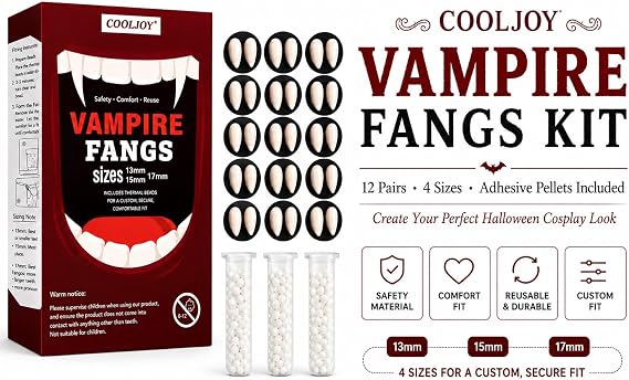 COOLJOY 12 Pairs Vampire Teeth, 4 Sizes with Adhesive for Halloween Cosplay