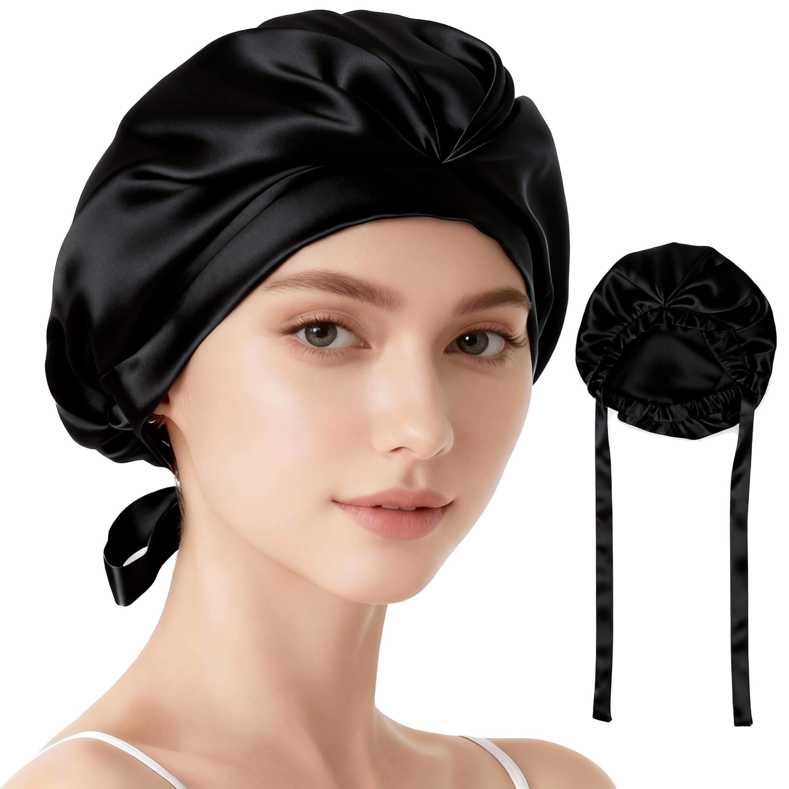 Gorro de seda para dormir 100% seda de morera ajustable suave gorro de dormir de seda para cabello rizado y liso