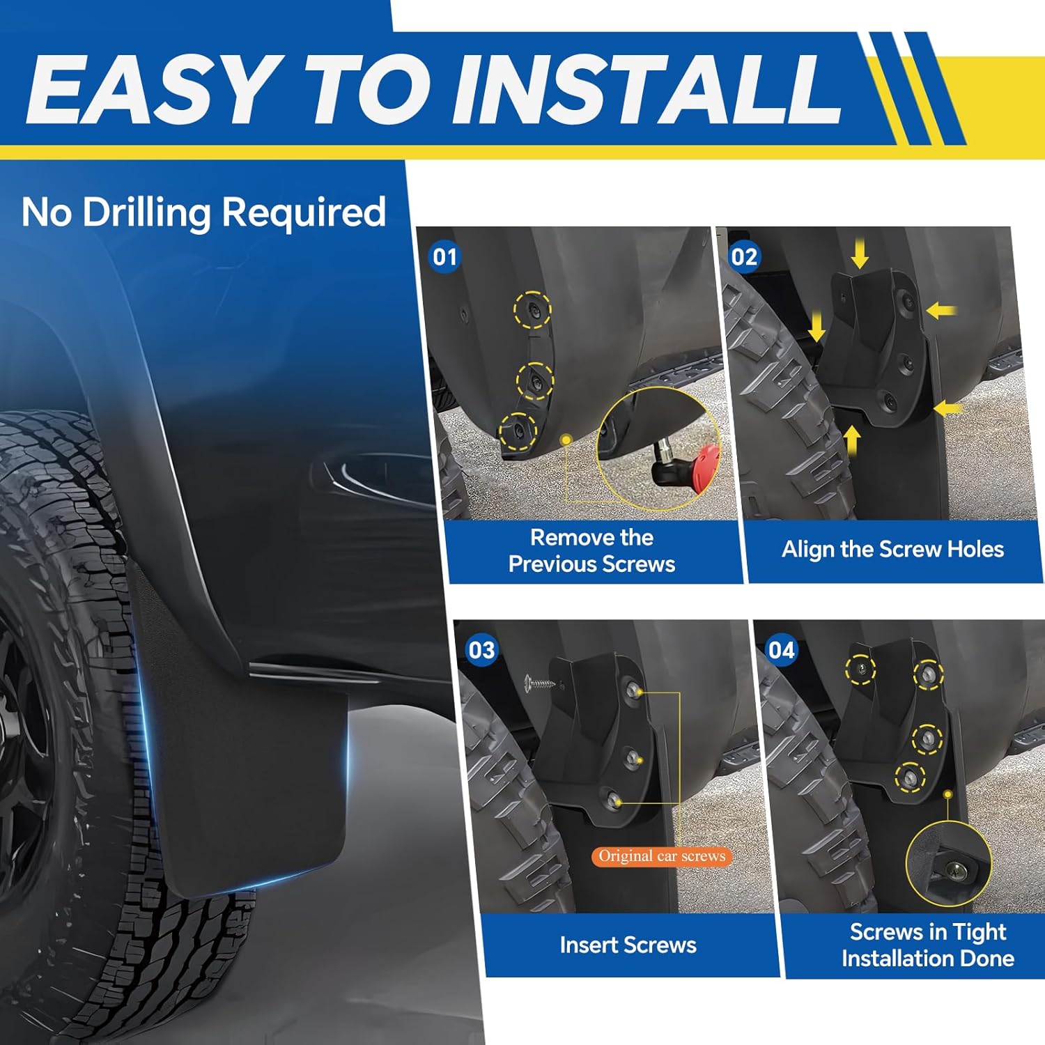 Mud Flaps Splash Guards for Toyota Tacoma 2016-2023, Front & Rear Fender Mudguards, Durable PP+TPE, Easy Install with Hardware (Set of 4)