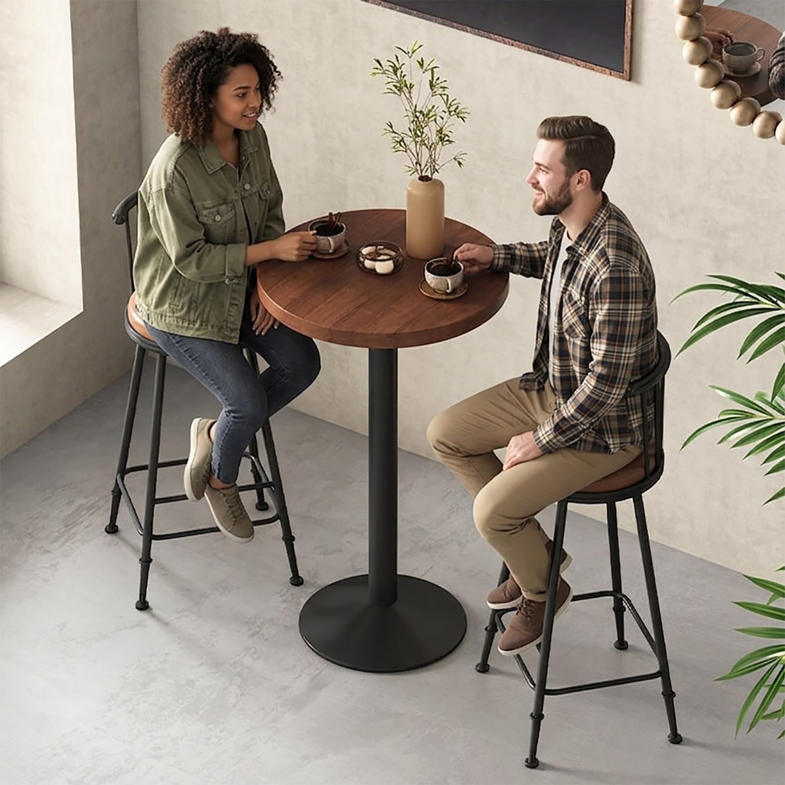Ensemble Table De Bar Et Tabourets Style Industriel (3 PièCes) – avec 2 Ronds en Similicuir, Plateau Bois Massif PièTement MéTallique Robuste IdéAl pour îLot Cuisine, Maison Ou Bistro