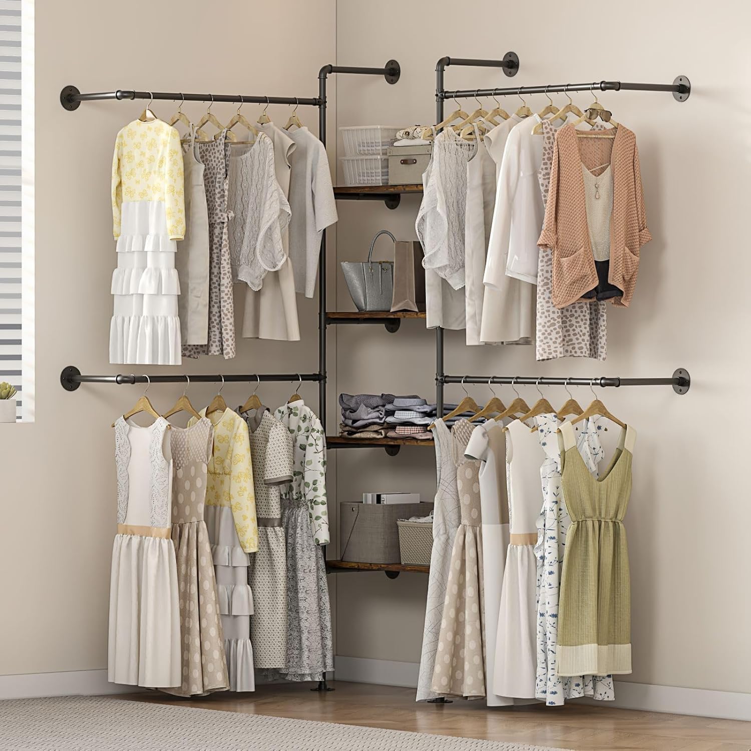 Industrial Pipe Clothing Rack, Heavy Duty Adjustable Garment Hanger with Shelves, 2 Installation Methods Closet Storage System for Wardrobe Organization, Black, 80" H x 86" W