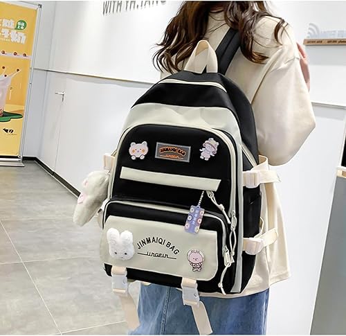 Miniatura 3 de Juego de 5 mochilas kawaii lindas con alfileres colgantes de oso, diseño de retazos, diseño de conejito de anime japonés (negro)