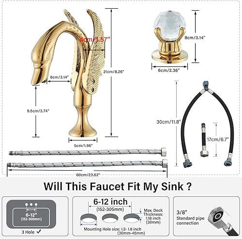 Miniatura 9 de Facuet de baño generalizado Cisne de oro grifo de lavabo de baño 3 agujeros 2 manija cristal baño vanidad grifos grifo moderno lavabo de arco alto