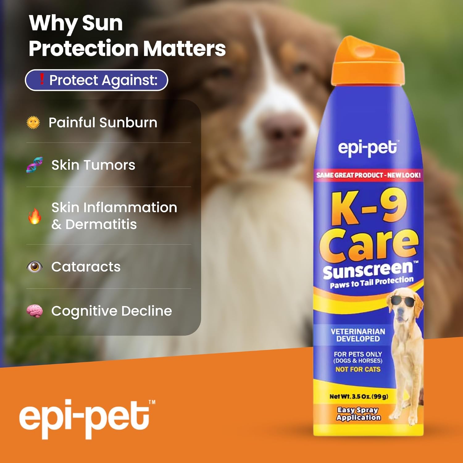Epi-Pet K-9 Care Sunscreen, Paws to Tail Protection, Prevents Sunburns on Dogs and Horses, Sun Protector Spray, SPF 30+, Non-Greasy/Oily Solution – 3.5 oz (Pack of 2)