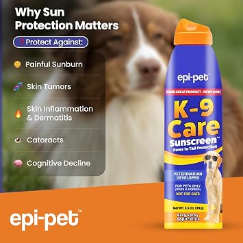 Epi-Pet K-9 Care Sunscreen, Paws to Tail Protection, Prevents Sunburns on Dogs and Horses, Sun Protector Spray, SPF 30+, Non-Greasy/Oily Solution 3.5 oz