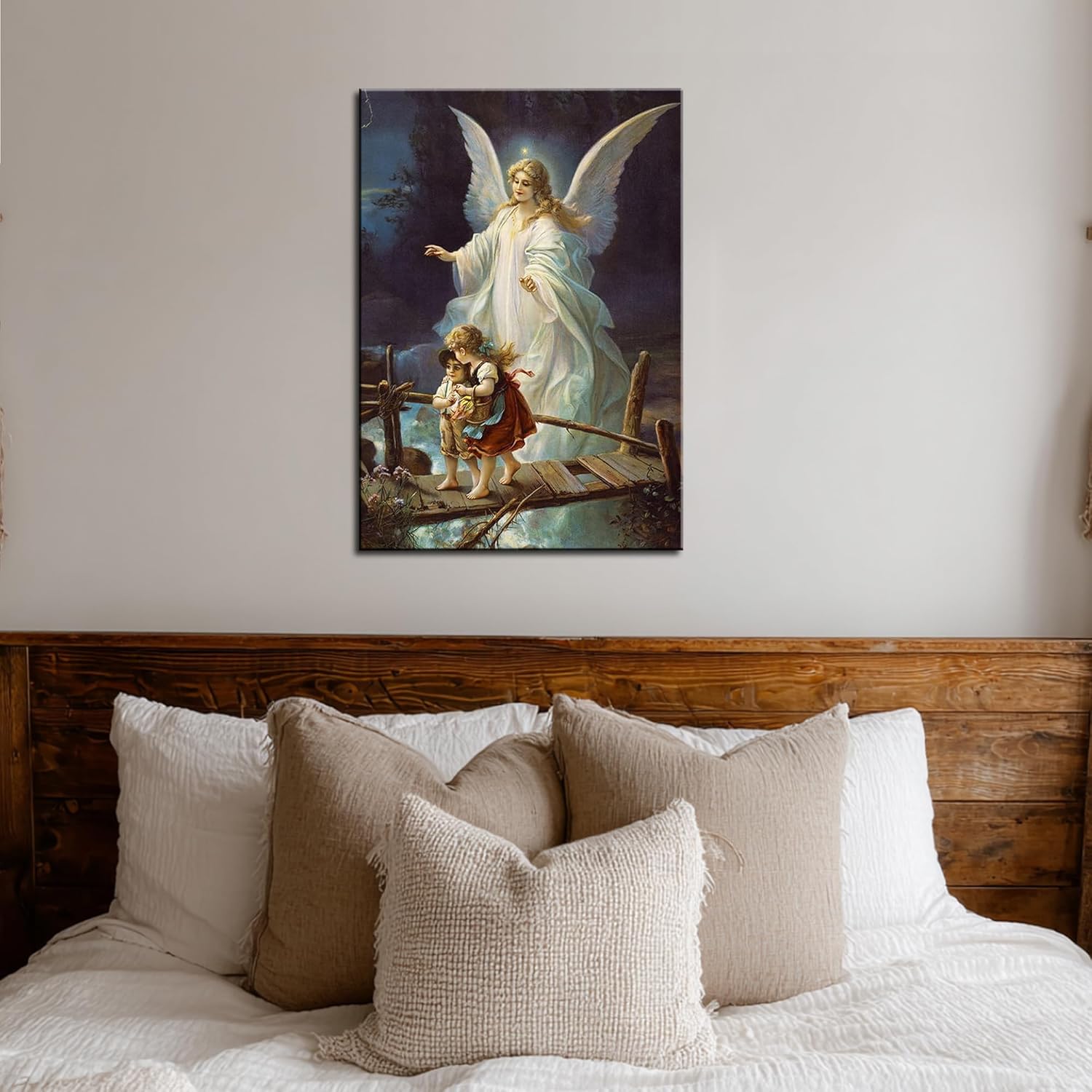 Guardian Angel Framed Wall Art Angel Walking with Children Wall Decor Children Picture Guardian Angel on Bridge Poster Canvas Print Painting for Headboard Room Ready to Hang(12''Wx16''H)