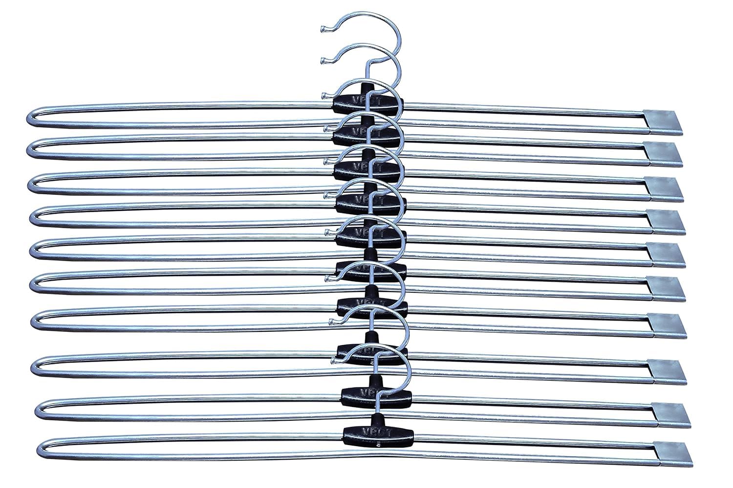 Push Clip Lockable Technology 10 Pcs Heavy Stainless Steel Finished Cloth Hanger Hangers for Clothes, Velvet, Trouser, Saree, Pants, Skirt Wardrobe (18 x 7.5 Inches)