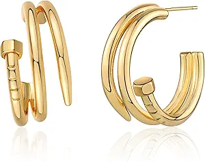 FETTERO Split Hoop Earrings 14K Gold Plated Chunky Hoop Earrings for Women Dainty Hypoallergenic Half Hoop Earring Jewelry Triple Hoop Earrings