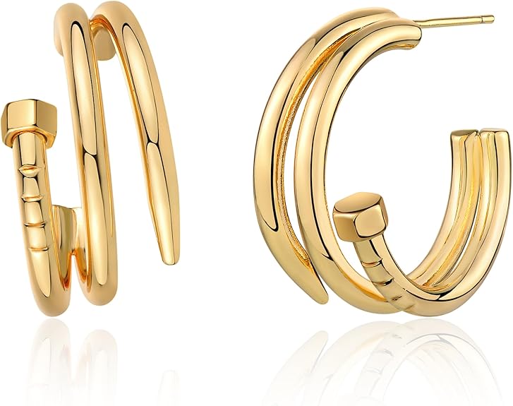 FETTERO Split Hoop Earrings 14K Gold Plated Chunky Hoop Earrings for Women Dainty Hypoallergenic Half Hoop Earring Jewelry Triple Hoop Earrings