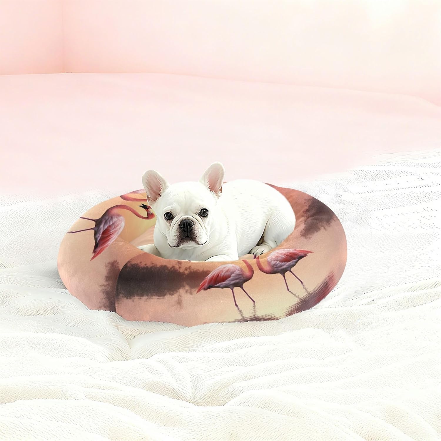 Dog Bed Ultra Soft Fluffy Comfortable Cat Bed, Flamingos Pattern Washable Dog Beds Anti-Slip Round Pet Beds for Medium Dogs