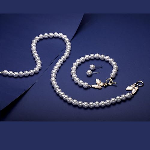 Miniatura 3 de la luen Pearl Necklace Set for Women,8mm Round Shell pearls Necklace Bracelet Earrings Jewelry for Mom Wife