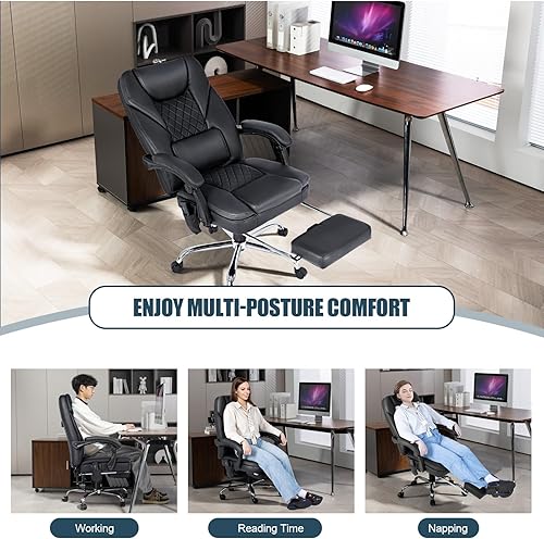 Miniatura 7 de Silla de oficina ejecutiva de cuero de 400 libras con diseño ergonómico y función reclinable, cómoda silla de escritorio para computadora