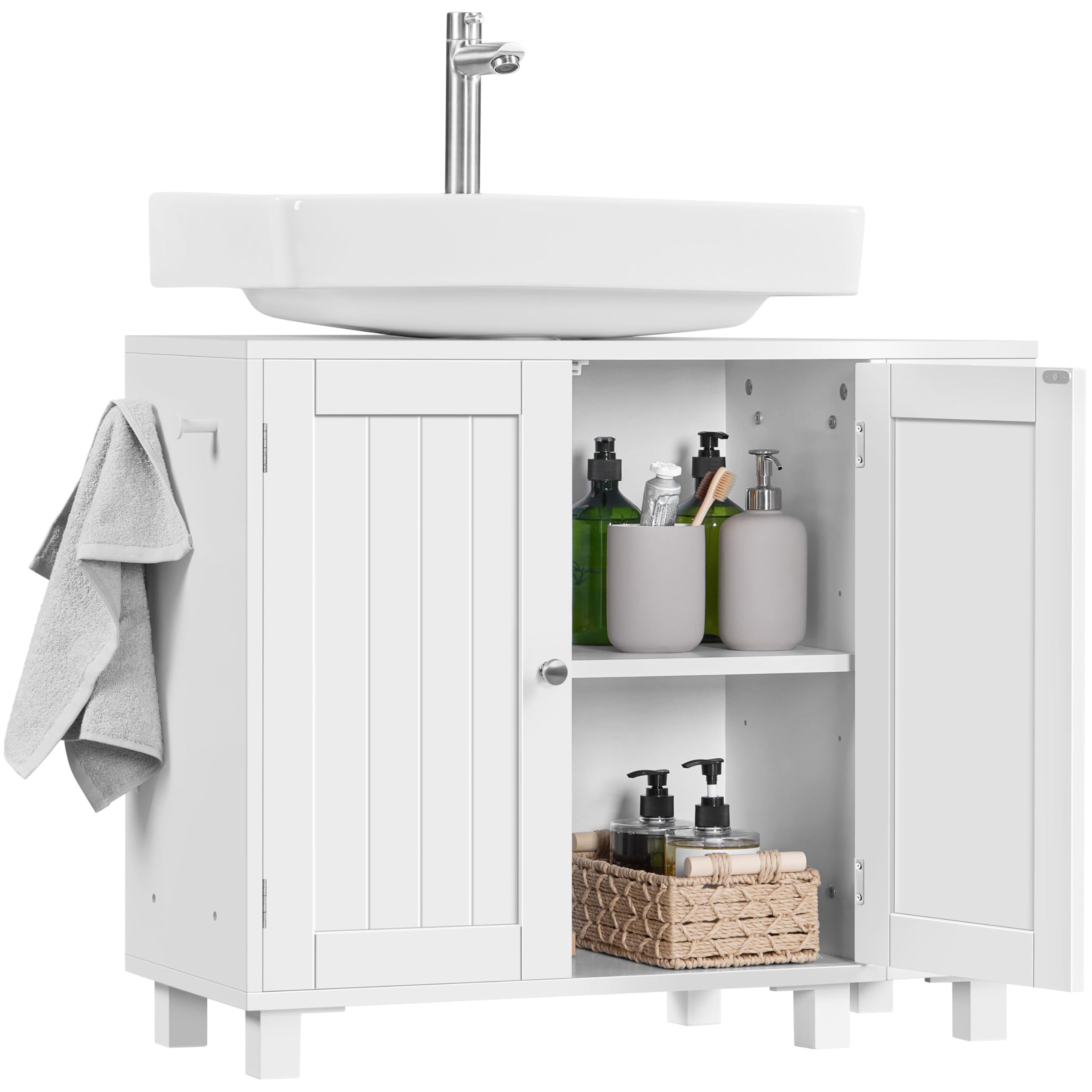 Yaheetech Mueble Bajo Lavabo, Armario de Baño, Apto para Lavabos con Pedestal, con Armario de Dos Puertas Estantes Ajustables Armario de Baño con Almacenamiento Lateral Abierto Ganchos, Blanco