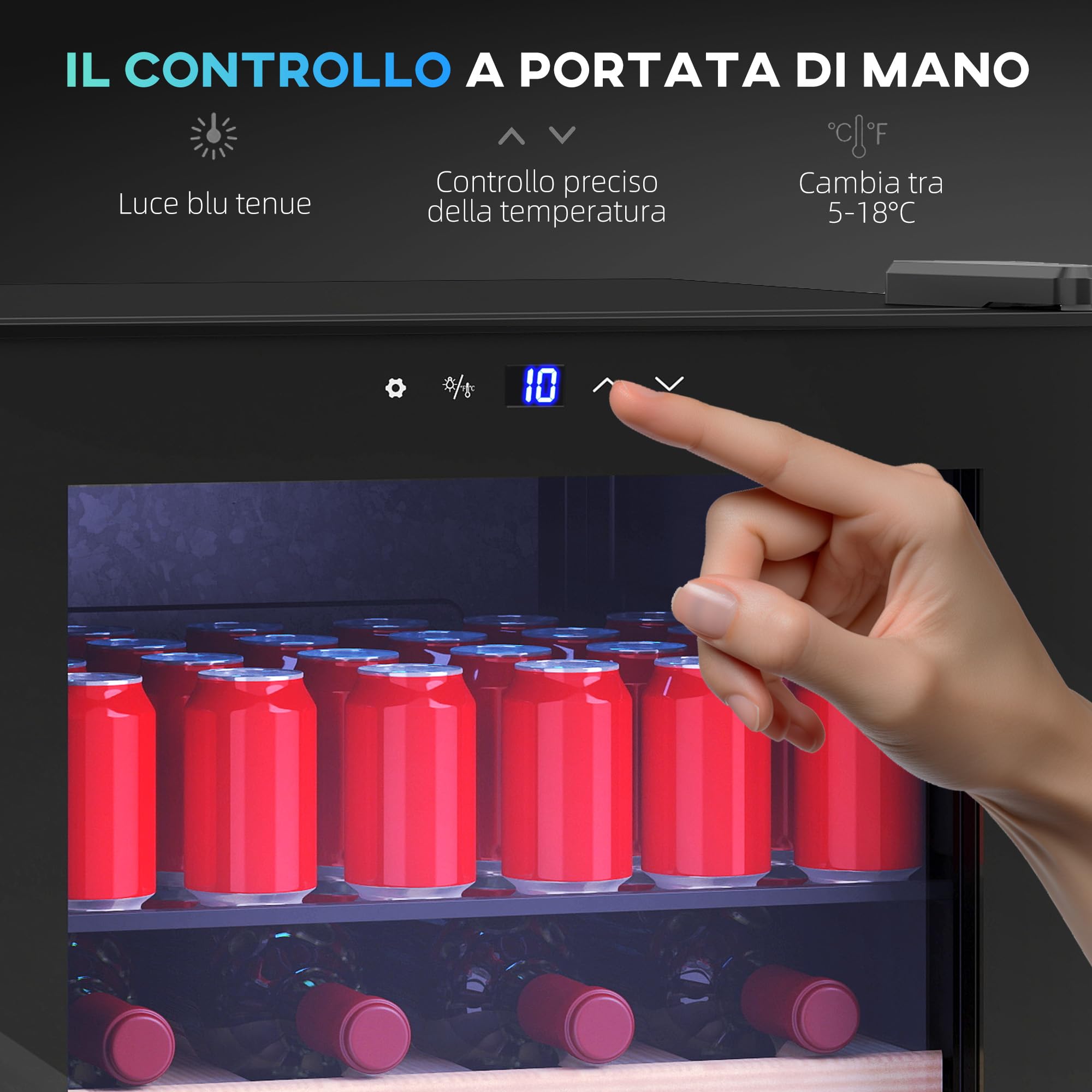 HOMCOM Cantinetta Vino Refrigerata 16 Bottiglie 63L Cantina Vino Silenziosa Temperatura Regolabile 5-18℃ Frigo Vino Bar con Vetro Anti UV, Ripiani, Compressore, Display Touch, Luci LED, Classe G