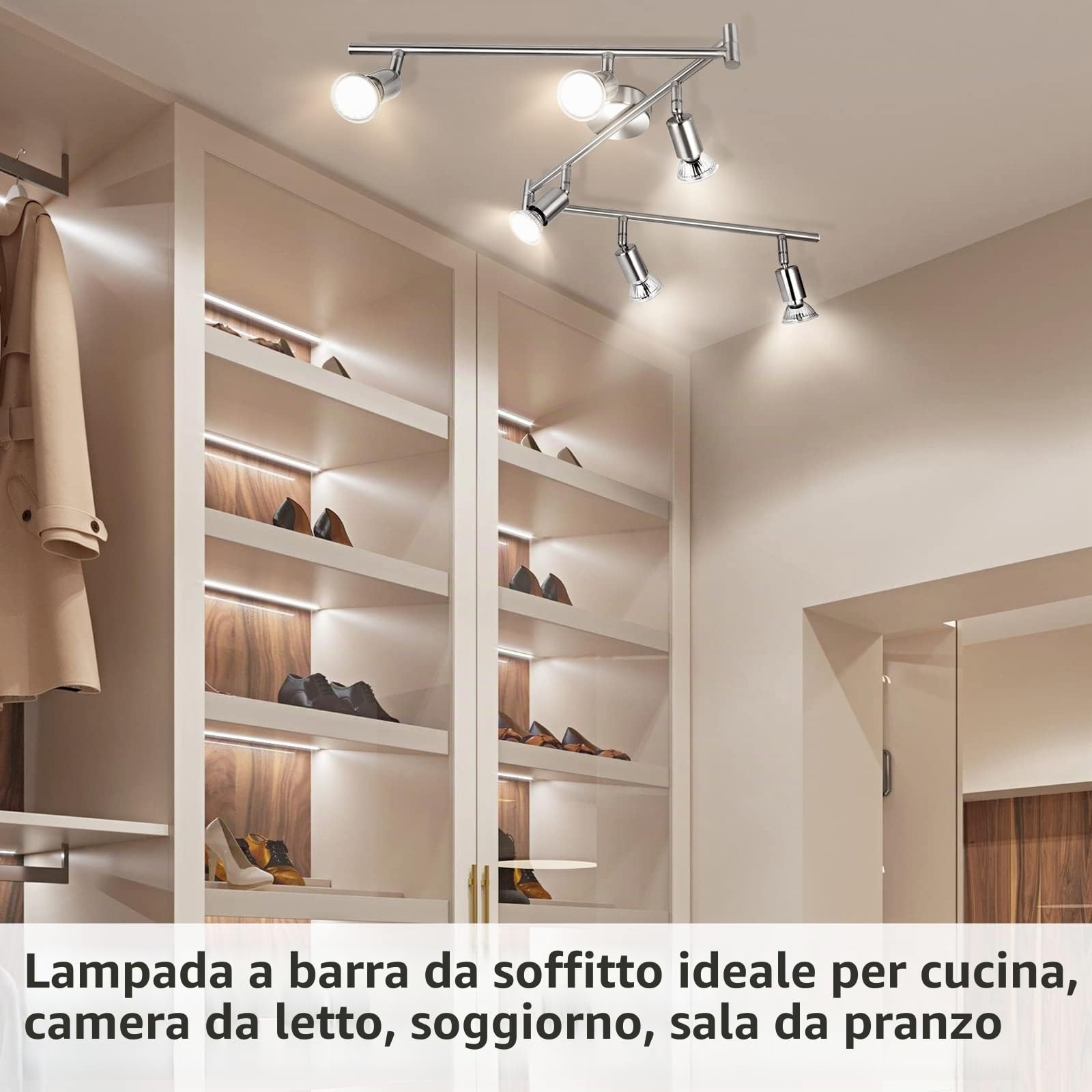 wowatt Lampada da Soffitto Moderna Faretti da Soffitto a LED Plafoniera Camera Letto Bagno Lampadario Cucina Luce Spot Orientabili Lampada da Salotto 6 Luci GU10 Bianco Caldo 5W 420LM RA82 IP20 | Lampadario Faretti Orientabili Cromati, Binario Lampada LED