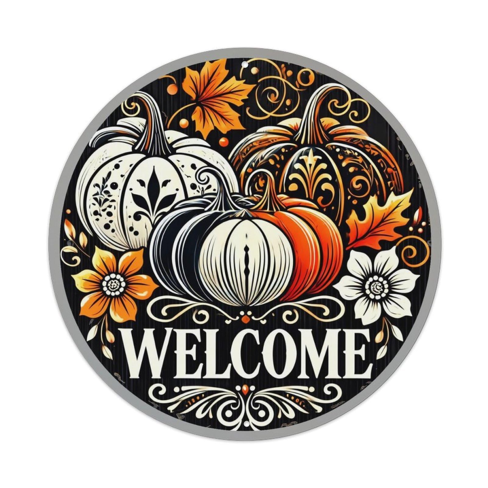 Pumpkin Autumn Floral Welcome Pattern Vintage Round Tin Sign Retro Metal Wall Decor Metal Poster, Home Bar Garage Cafe Wall Art Decoration 8x8Inches