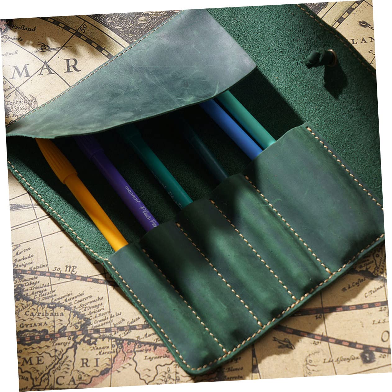 Estuche para Lápices de Cuero Verde Vintage Retro Enrollable