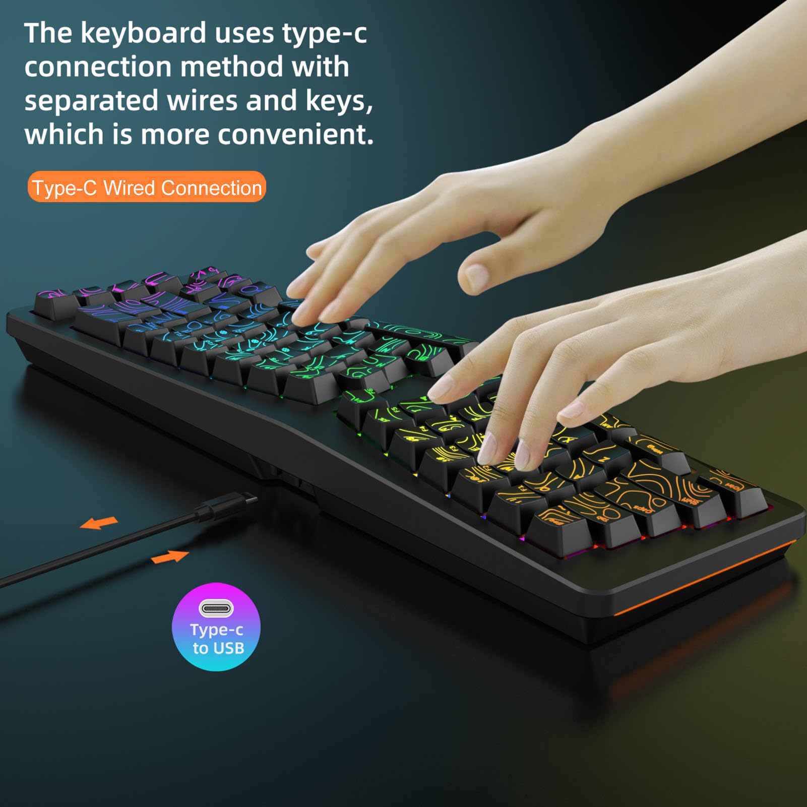 Goshyda Tastiera da Gioco Ergonomica Cablata, Tastiera Divisa a Forma di V con Retroilluminazione RGB Colorata, per Computer Desktop Portatile