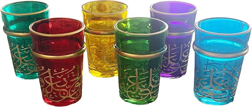 Hand Painted Moroccan Glasses Set of 6 Glasses Colorful Gold Door Design Teacup Set For Mint Tea