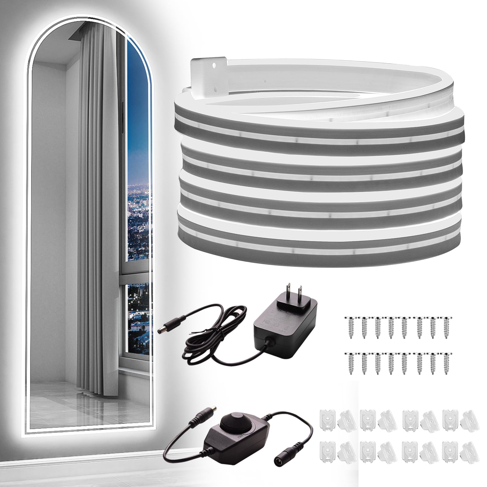 ollrieu White Led Strip Lights, 16.4ft/5m Neon Light Strip, 12V Flex Waterproof Neon LED Strip Silicone LED Neon Rope Light for Kitchen Bedroom Indoor Outdoor DIY Styling ecoration