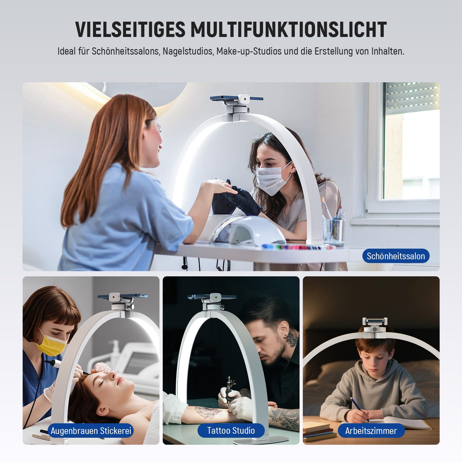 NEEWER Basics 29" Halbmond Nagellampe für Tisch, 36W klappbare Nagelstudio Bogenlampe, LED Maniküre Halb Ringlicht mit Handyhalter für Makeup Beauty Tattoo Überkopf Videoaufnahmen, HM02-D