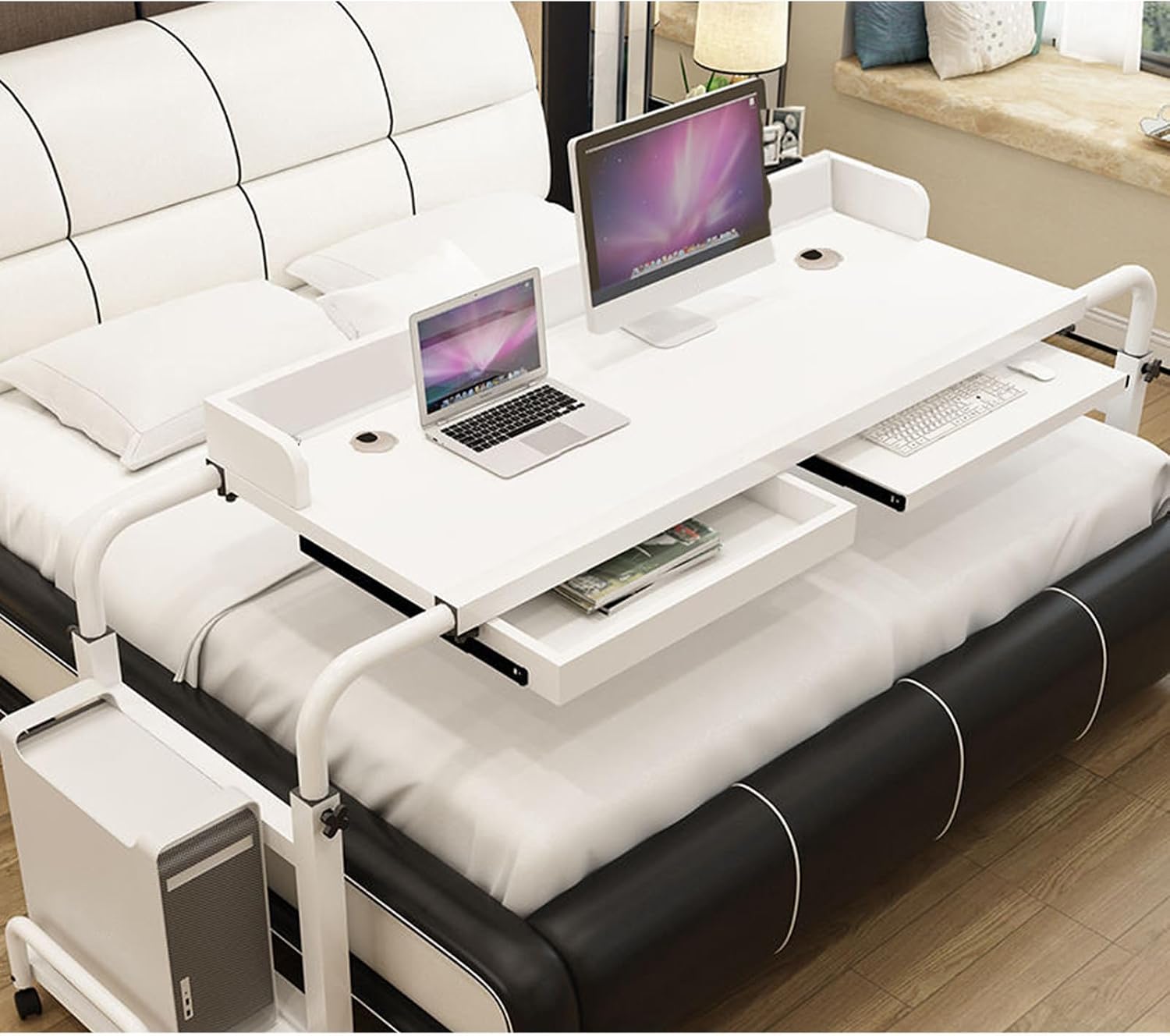 Extendable Rolling Mobility Table Over Bed,Overbed Table with Wheels, King Queen Bed Table, Swivel Wheel Rolling Tray - Multifunctional Movable Cross-Bed Table, Overbed Table, Roll