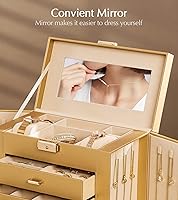 Vista 70 de Homde Regalos de Navidad de cuero sintético, enorme joyero, organizador de reloj con espejo, collar, anillo y aretes, estuche de regalo con Dorado