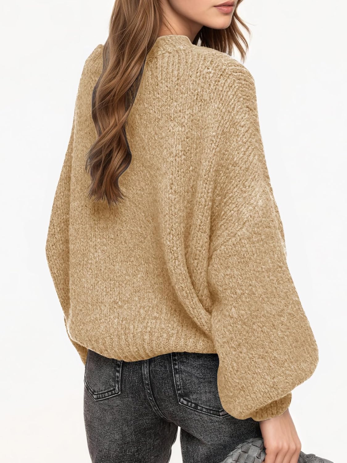 Saodimallsu Womens Oversized Sweaters Casual Lantern Long Sleeve Mock Neck Chunky Knit Loose Fall Pullove Tops - Image 4