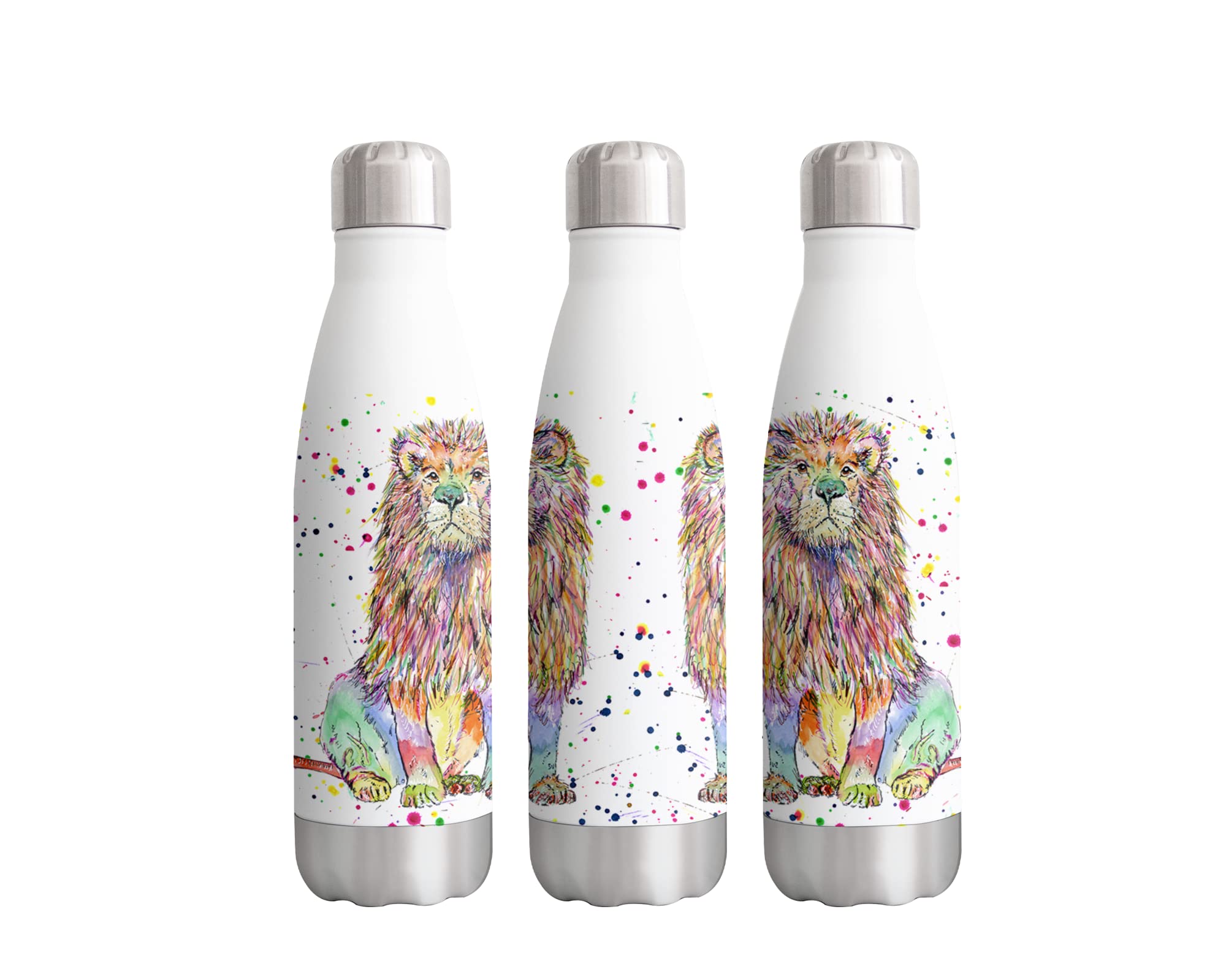 Lion Big Cat Wildlife Animals Watercolour Rainbow Art Bottle Double Wall Insulated Stainless Steel Sport Drinks 500ml White Gift Ideal for School Work Office Oudoor Sports Keeps Hot and Cold Drinks