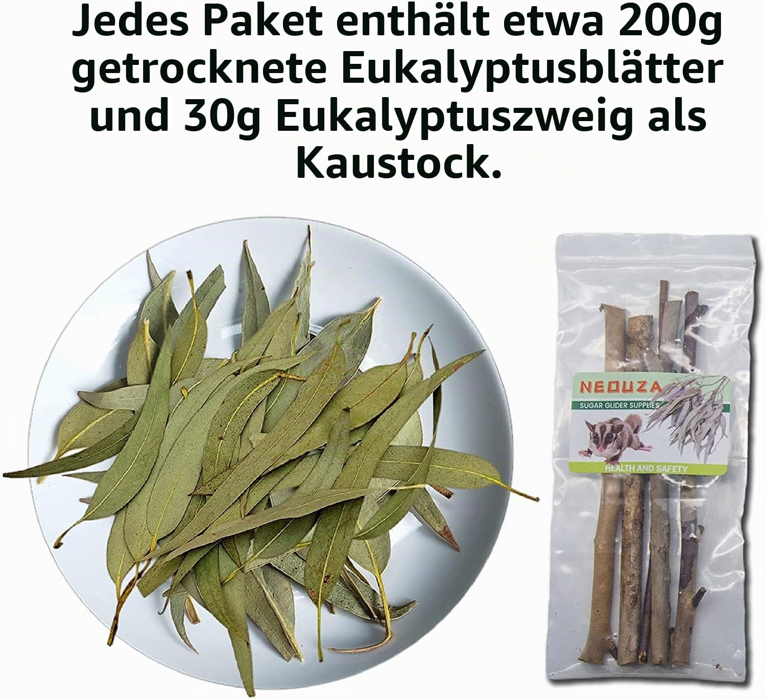NEOUZA Sugar Glider Kleintiereinstreu, Kau-Leckereien, Backenzahnspielzeug, 200 g natürliche getrocknete Eukalyptusblätter und Zweige (200 g Eukalyptusblätter)